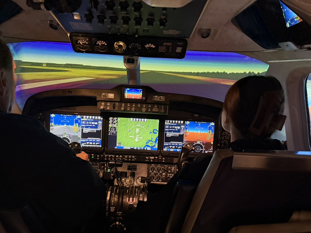 Full motion flight simulator cockpit during training